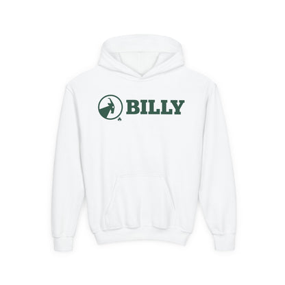 White hoodie with green 'BILLY' logo on a white background