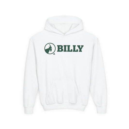 White hoodie with green 'BILLY' logo on a white background