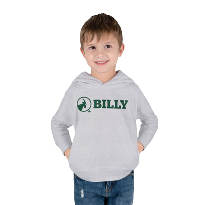 Child wearing a grey hoodie with green 'BILLY' logo on a white background