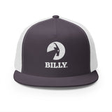 BILLY 5 Panel Flat Bill Trucker Cap (White Vertical Logo - Embroidery) — AVAILABLE IN 13 COLORS