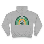 Grey hoodie with a rainbow and shamrock design on a white background