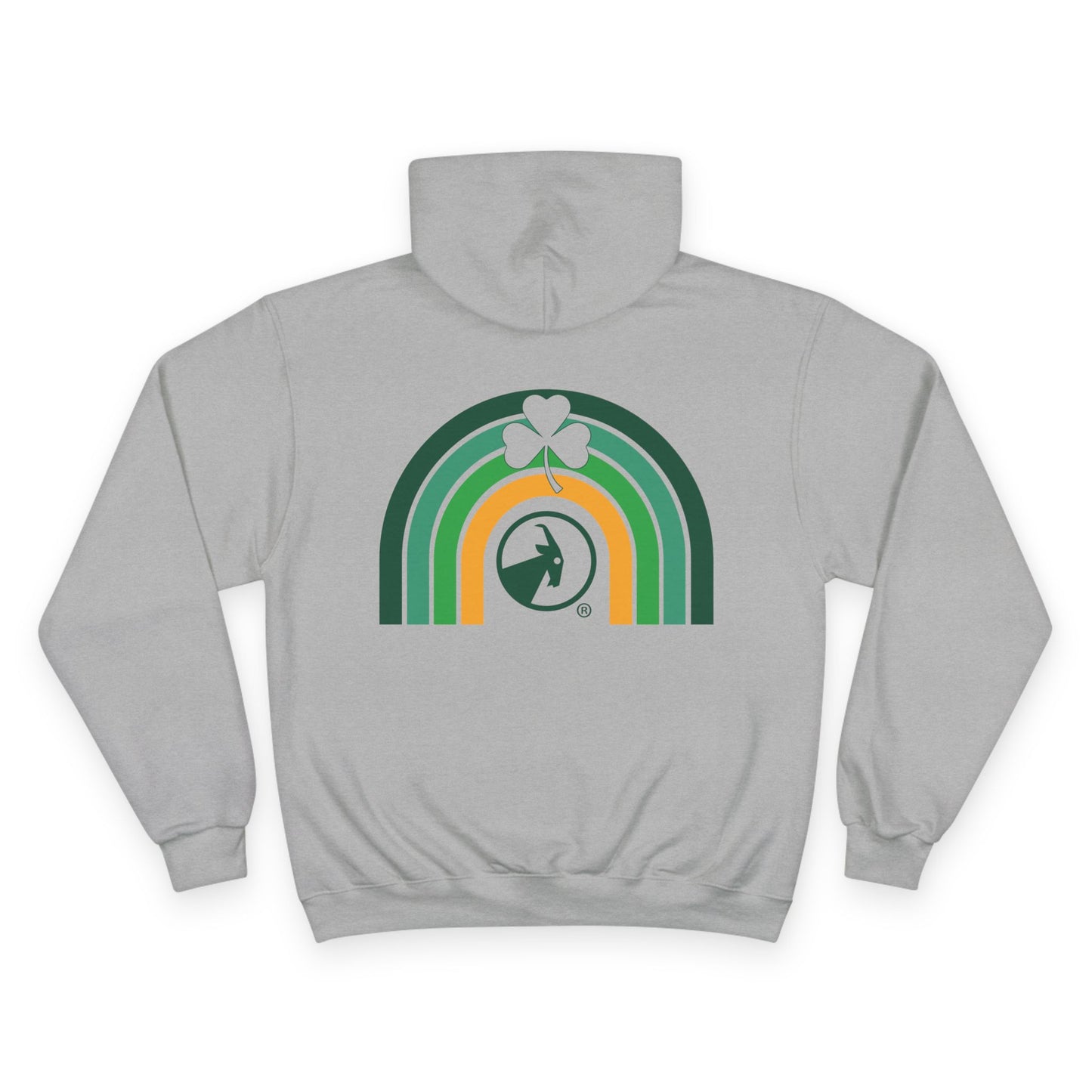 Grey hoodie with a rainbow and shamrock design on a white background