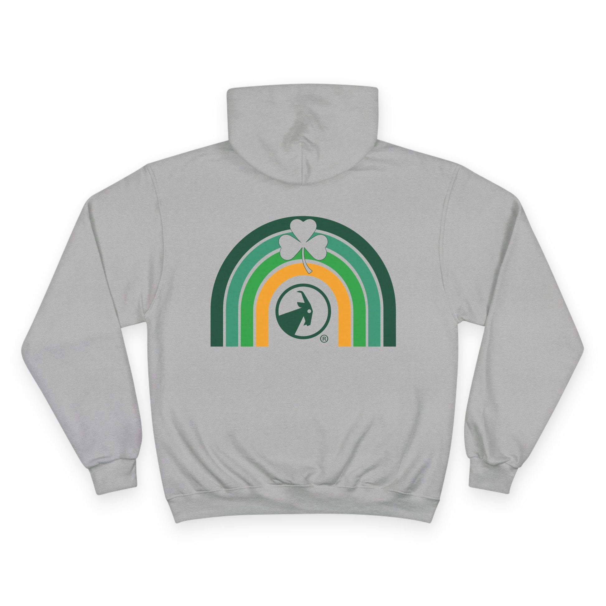 Grey hoodie with a rainbow and shamrock design on a white background
