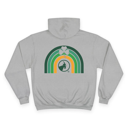 Grey hoodie with a rainbow and shamrock design on a white background
