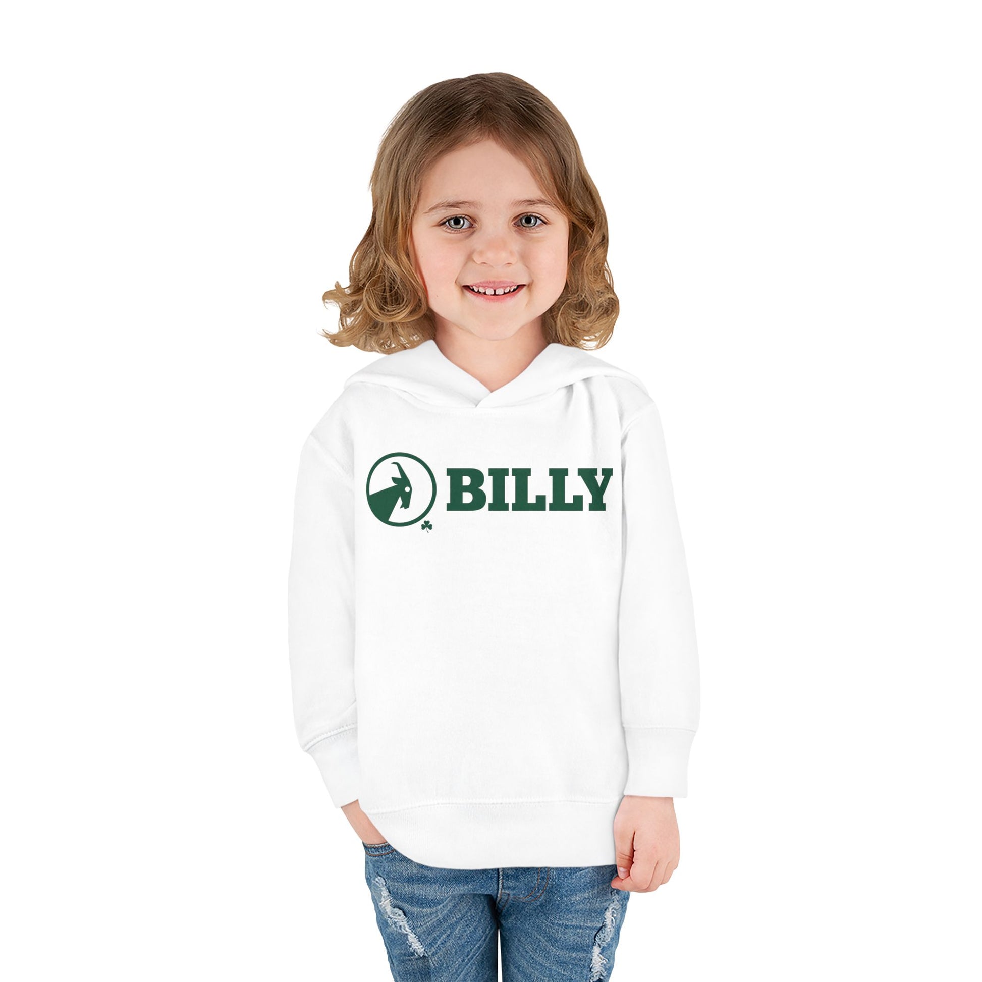 Child wearing a white hoodie with green 'BILLY' logo on a white background