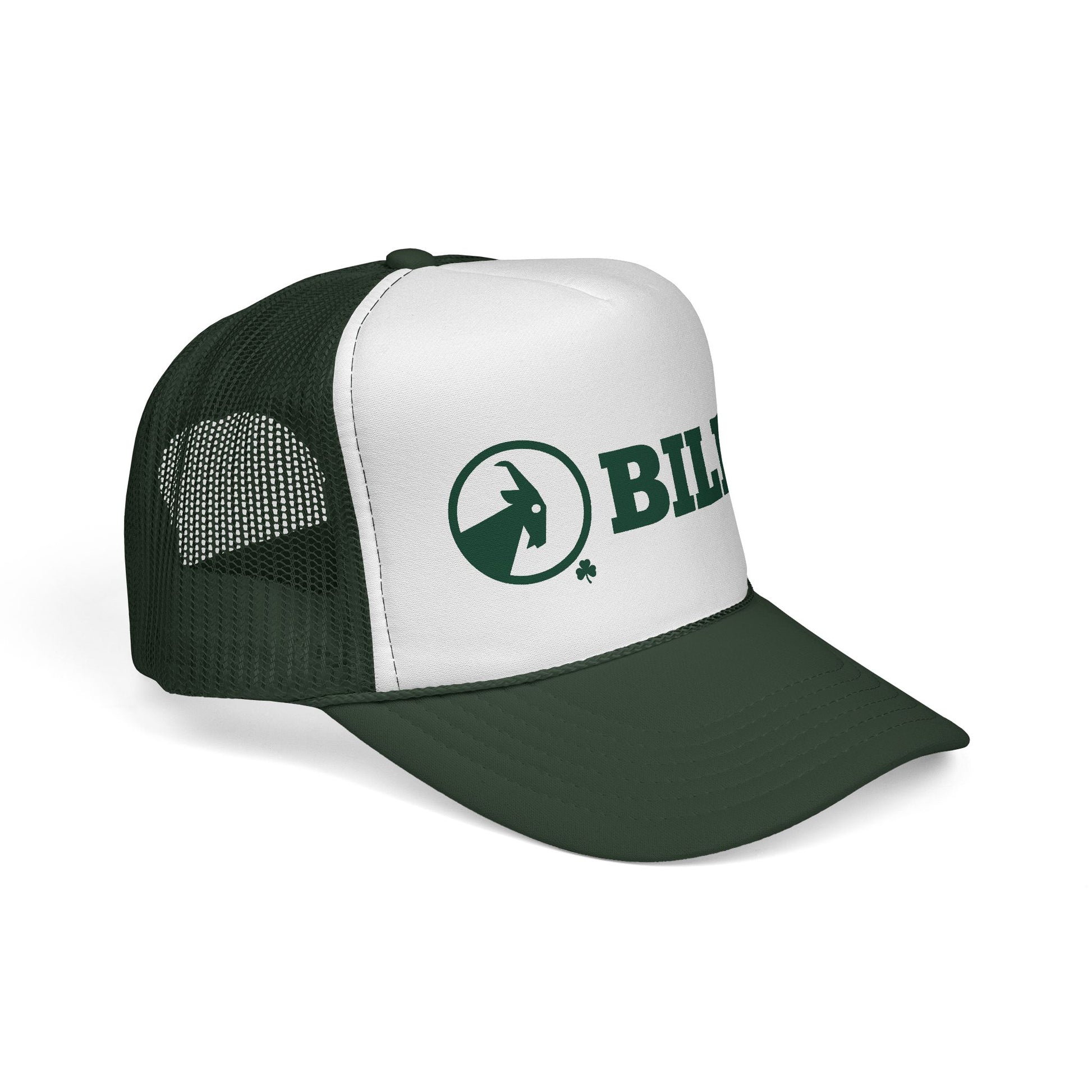Green and white trucker hat with 'BILLY' text on a white background