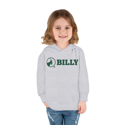 Child wearing a grey hoodie with green 'BILLY' logo on a white background