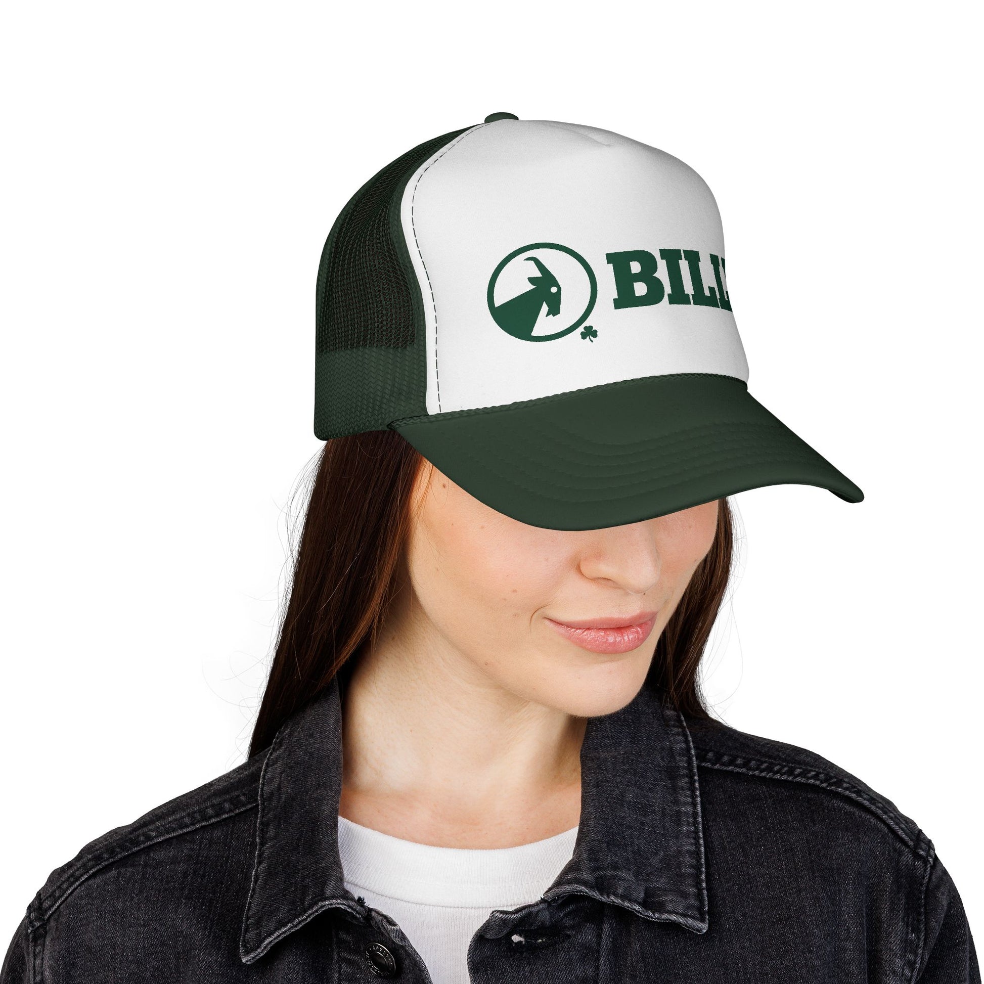 Woman wearing a green cap with 'BILLY' on a white background