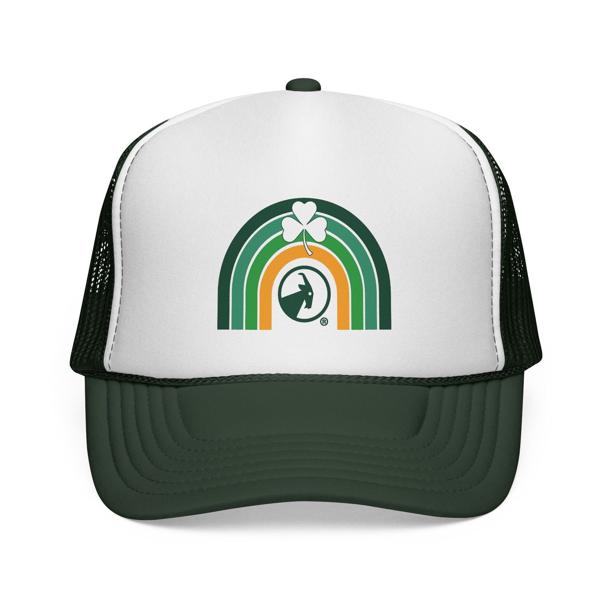 Trucker hat with a rainbow and clover design on a white background