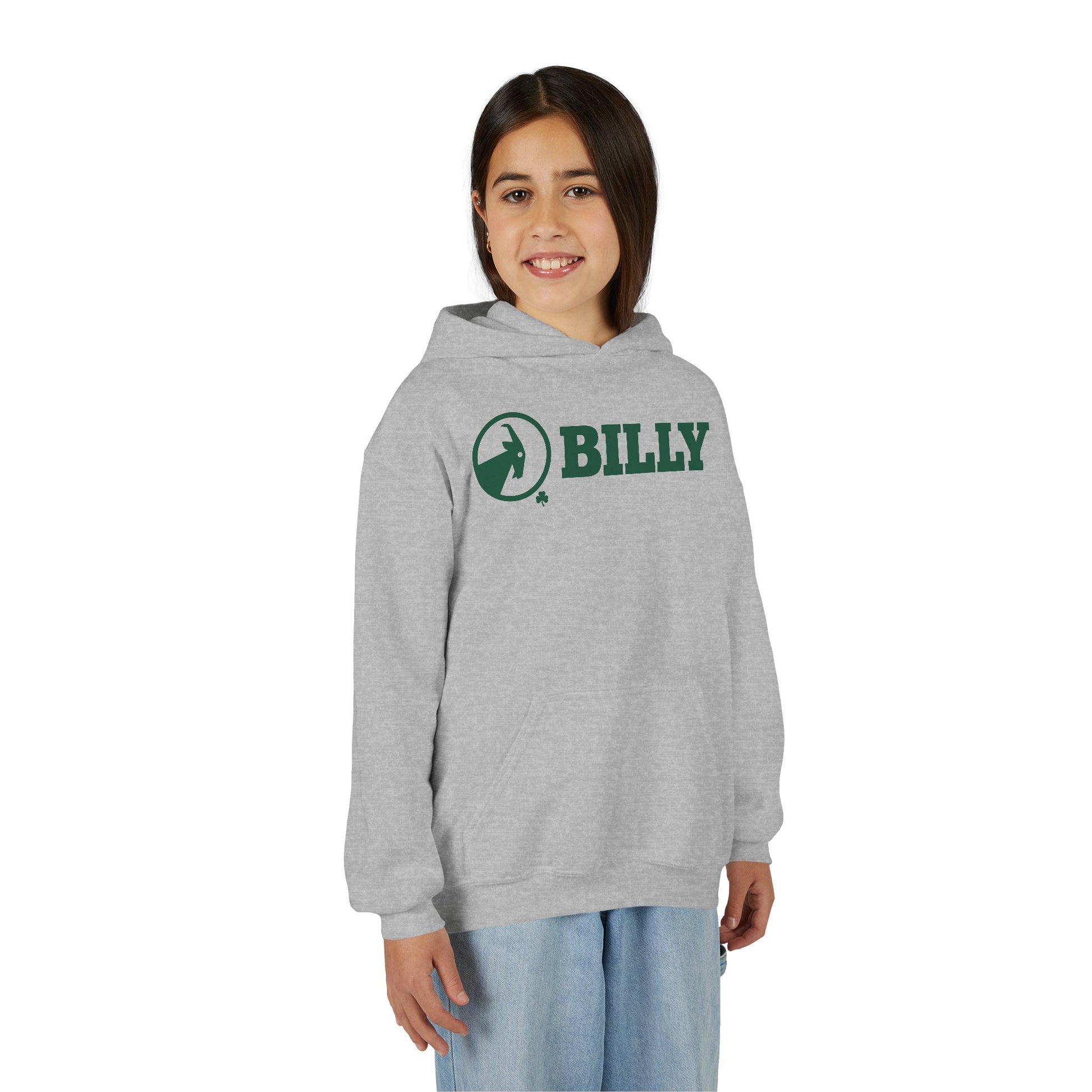 Person wearing a grey hoodie with 'BILLY' logo on a white background
