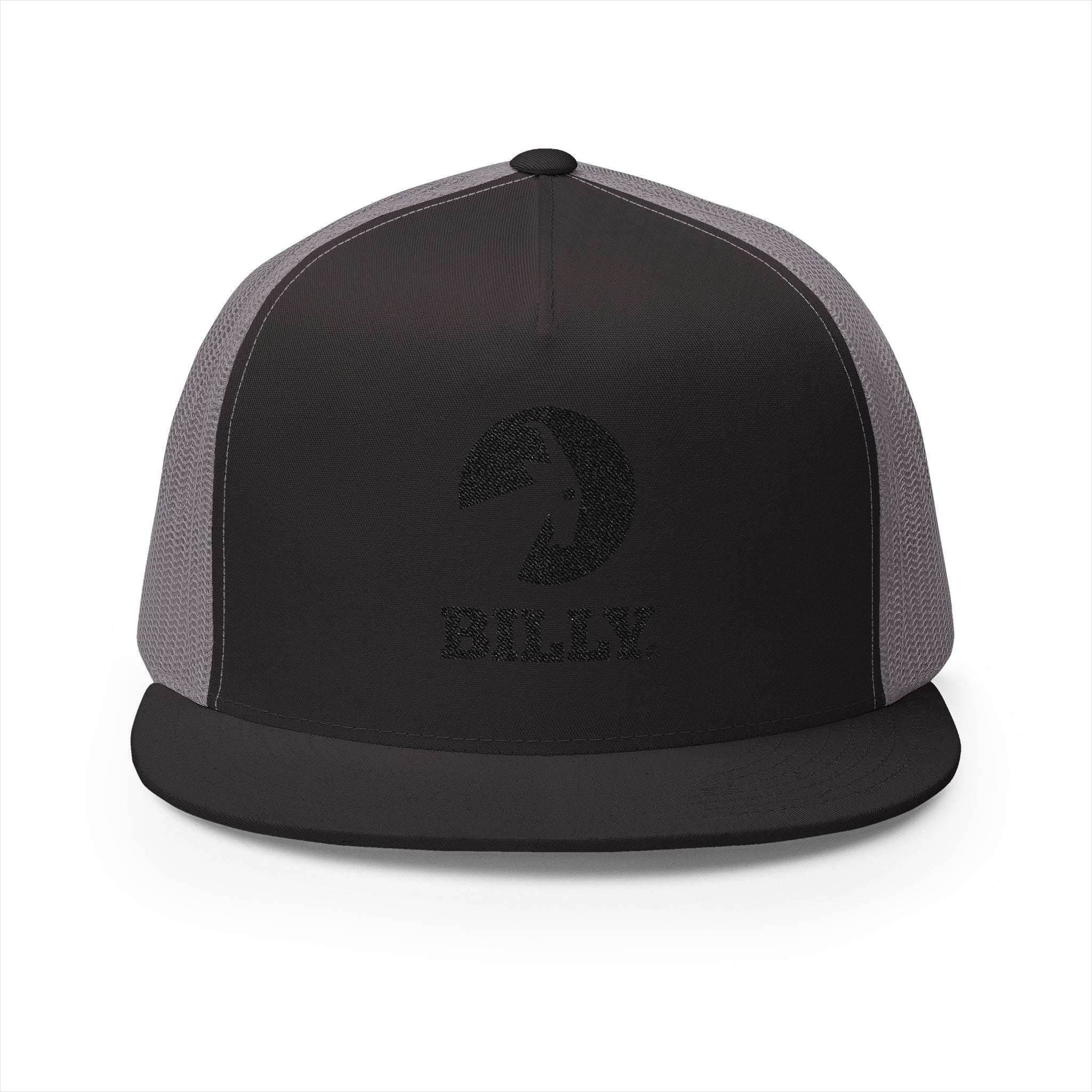 BILLY 5 Panel Flat Bill Trucker Cap (Black Vertical Logo - Embroidery) — AVAILABLE IN 10 COLORS