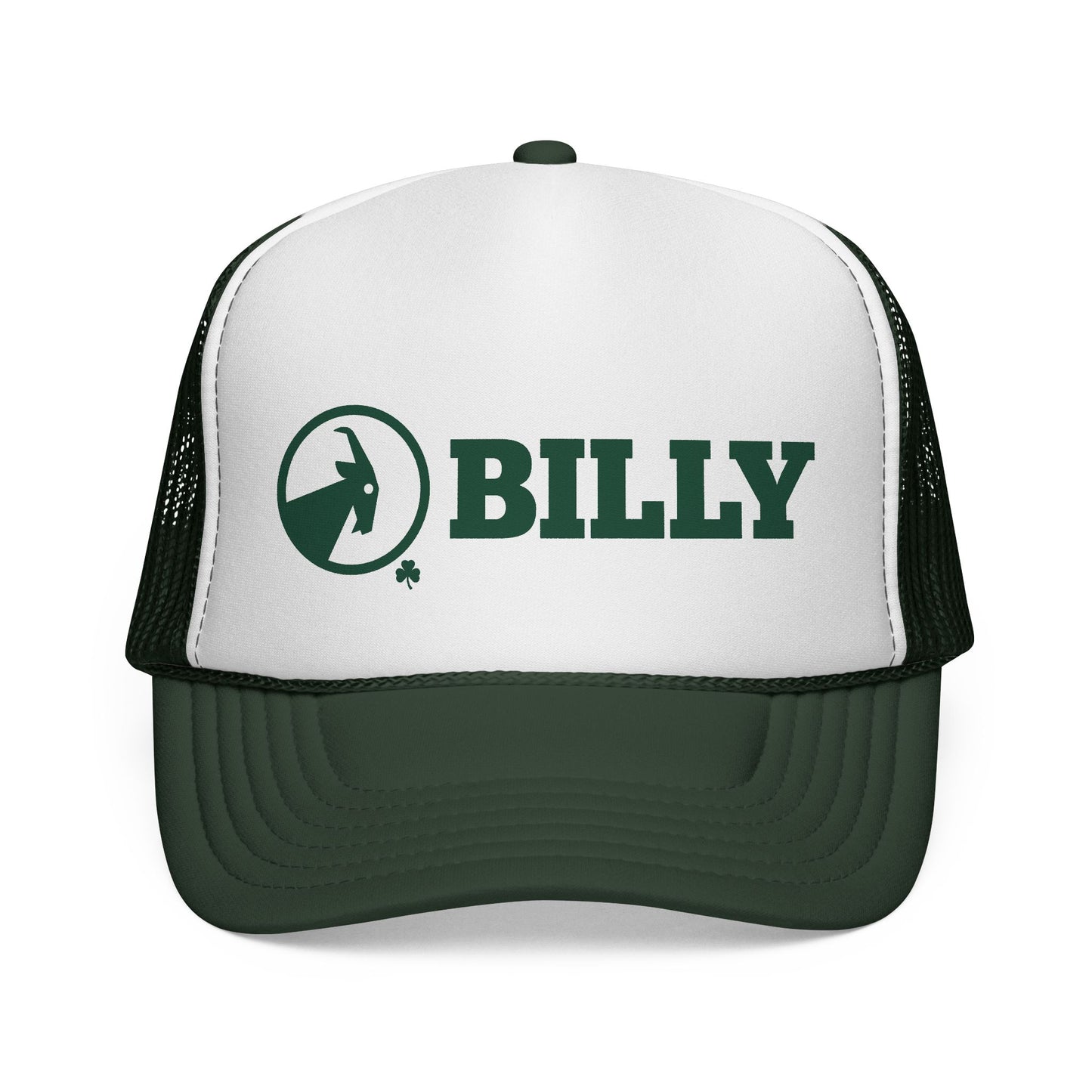 White and green trucker hat with 'BILLY' logo on a white background