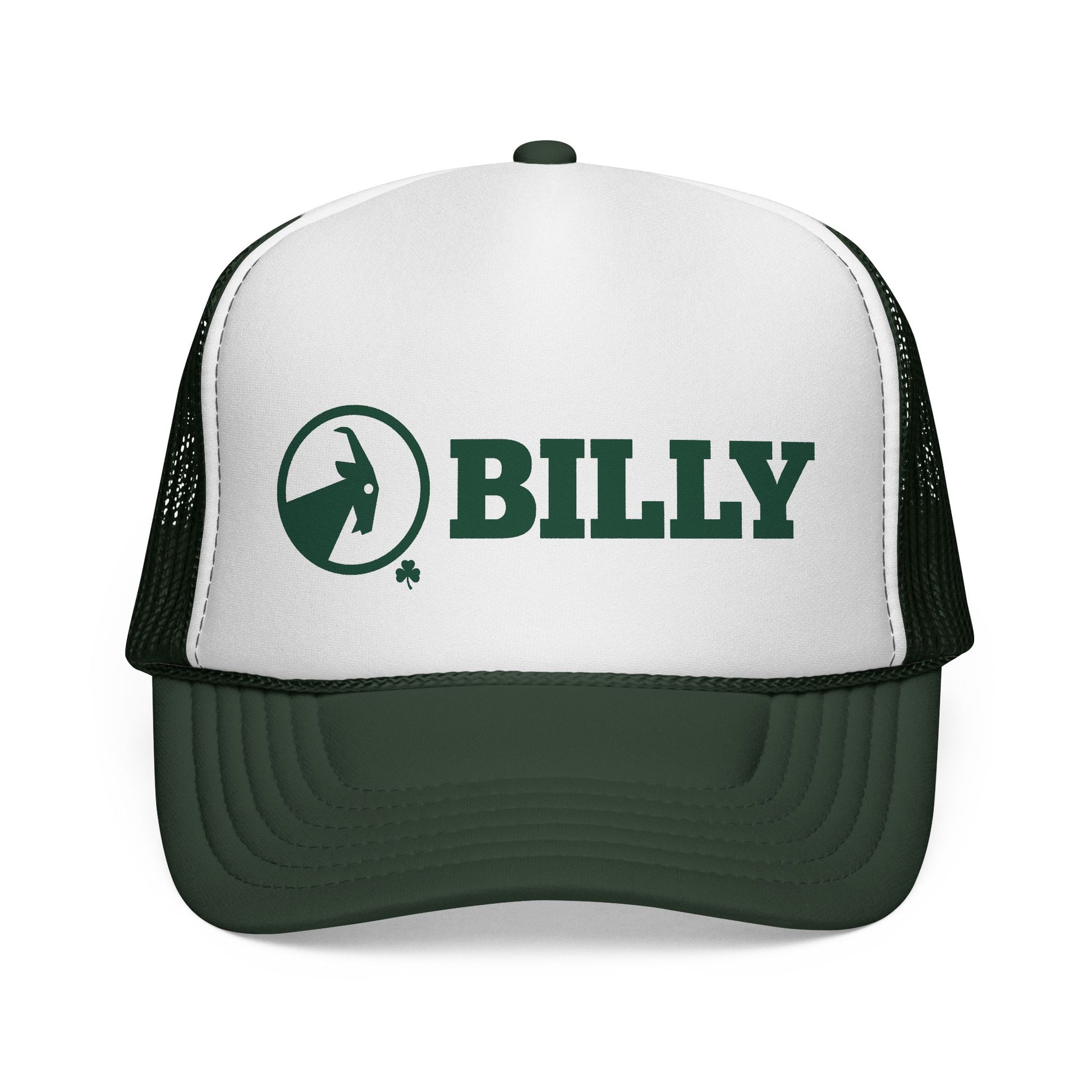White and green trucker hat with 'BILLY' logo on a white background