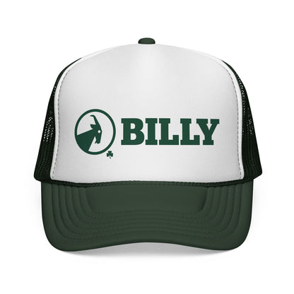White and green trucker hat with 'BILLY' logo on a white background