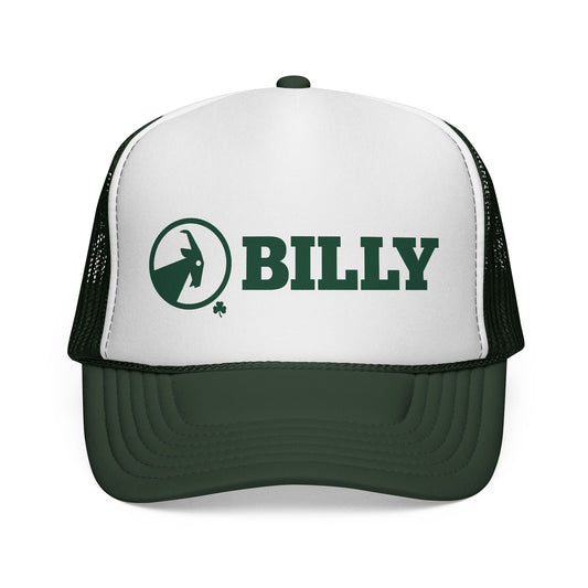 White and green trucker hat with 'BILLY' logo on a white background