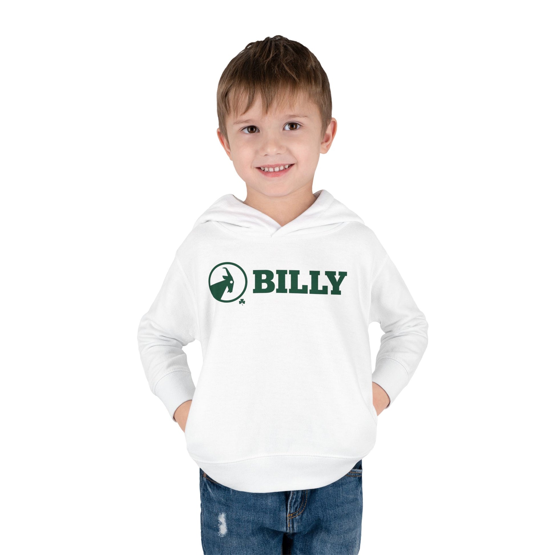 Child wearing a white hoodie with a green goat and BILLY on a white background 