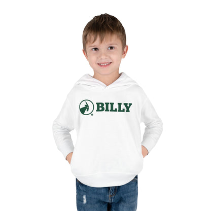Child wearing a white hoodie with a green goat and BILLY on a white background 