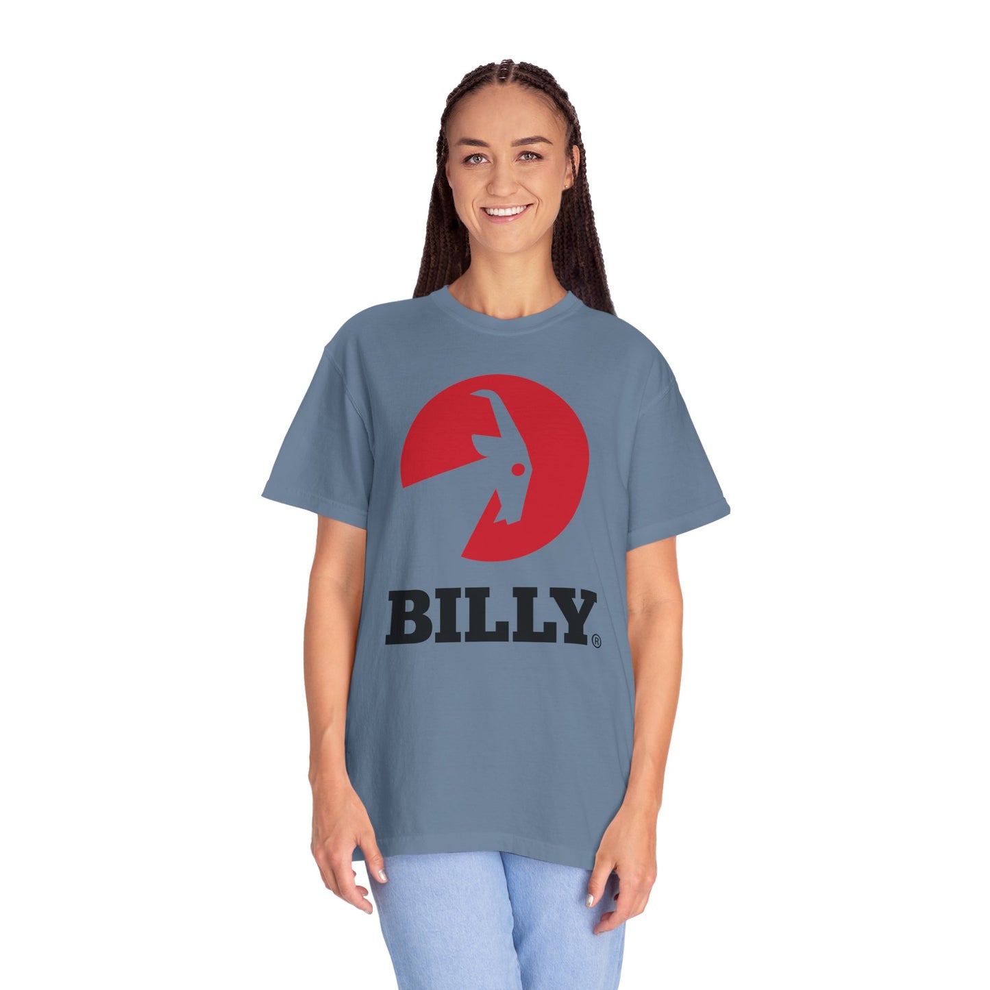 BILLY Unisex Garment-Dyed T-Shirt (Black/Red Vertical Logo)