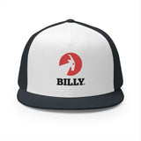 BILLY 5 Panel Flat Bill Trucker Cap (Red/Black Vertical Logo - Embroidery) — AVAILABLE IN 12 COLORS