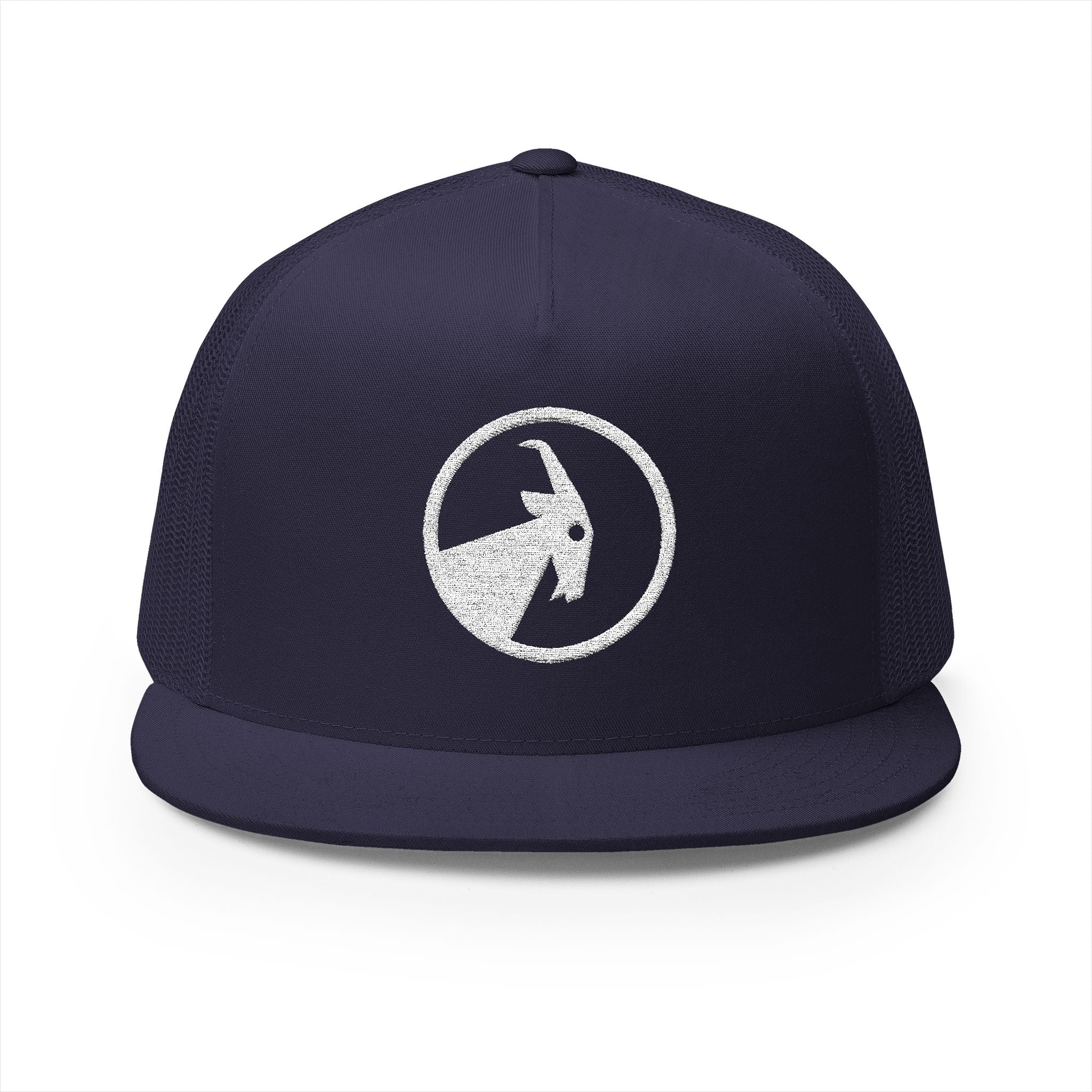 BILLY 5 Panel Flat Bill Trucker Cap (White Goat - Embroidery) — AVAILABLE IN 6 COLORS