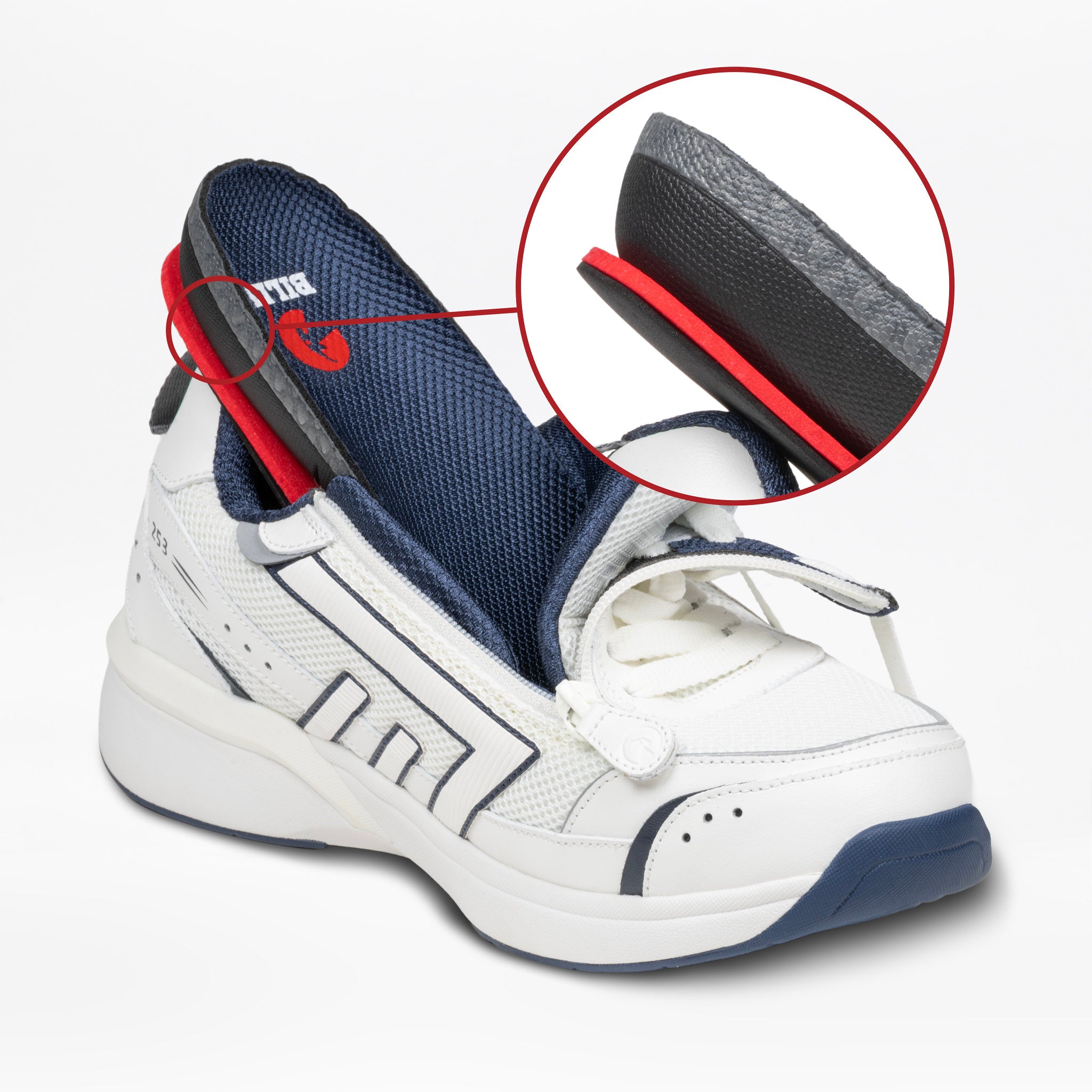 White and blue athletic shoe with red accents, showing sole detail on a white background.