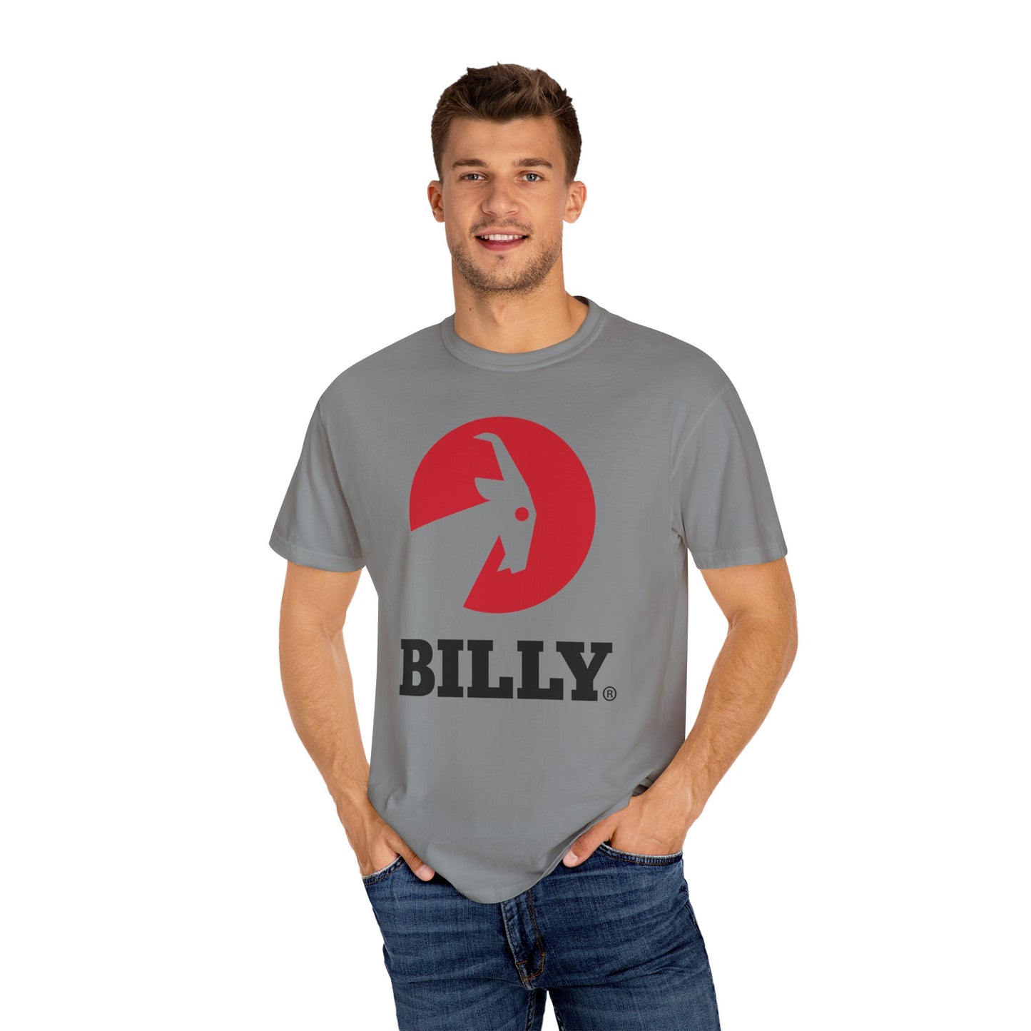 BILLY Unisex Garment-Dyed T-Shirt (Black/Red Vertical Logo)