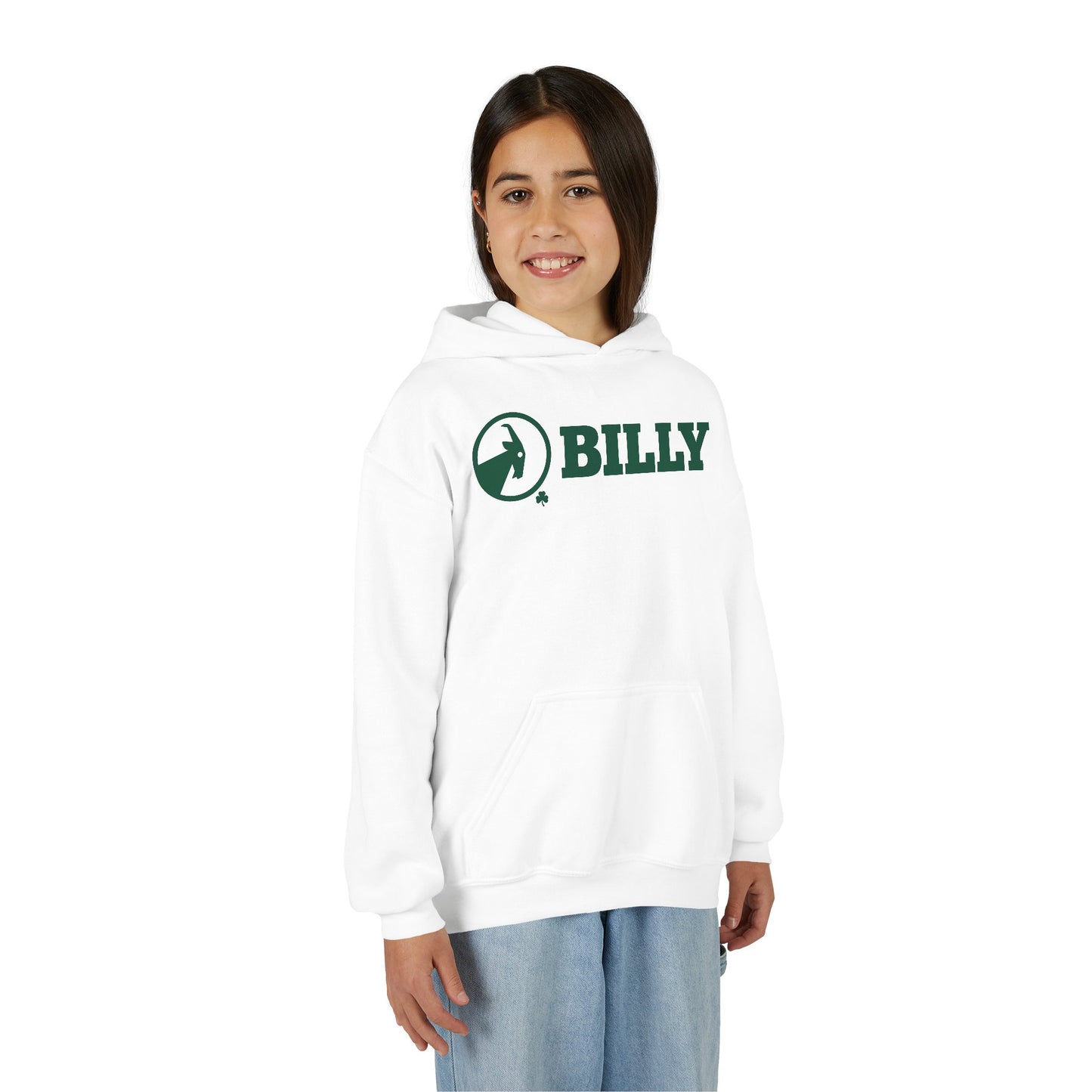 Person wearing a white hoodie with green 'BILLY' logo on a white background