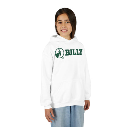 Person wearing a white hoodie with green 'BILLY' logo on a white background