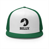 BILLY 5 Panel Flat Bill Trucker Cap (Black Vertical Logo - Embroidery) — AVAILABLE IN 10 COLORS