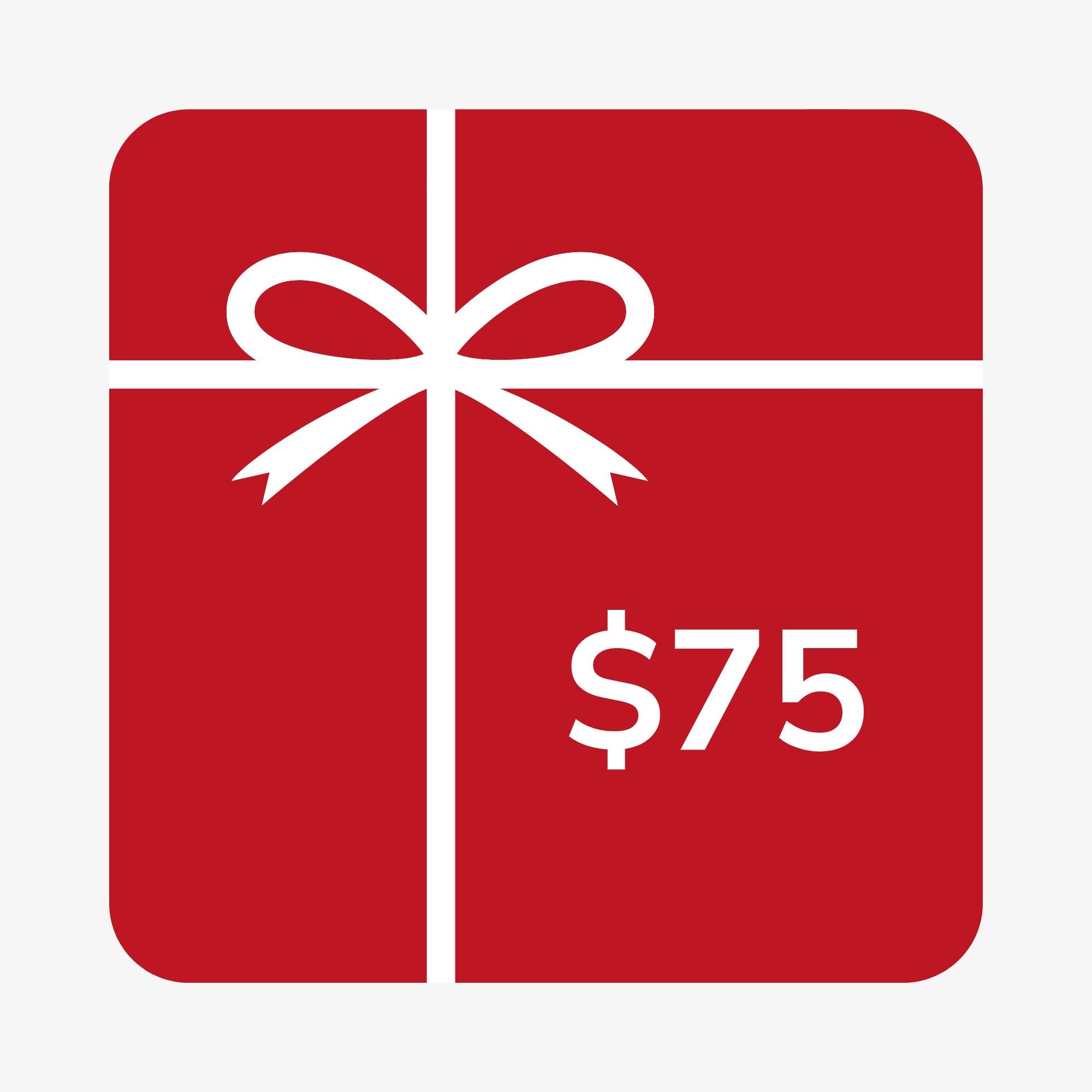 $75 gift card image. Red square, white bow, white lettering.