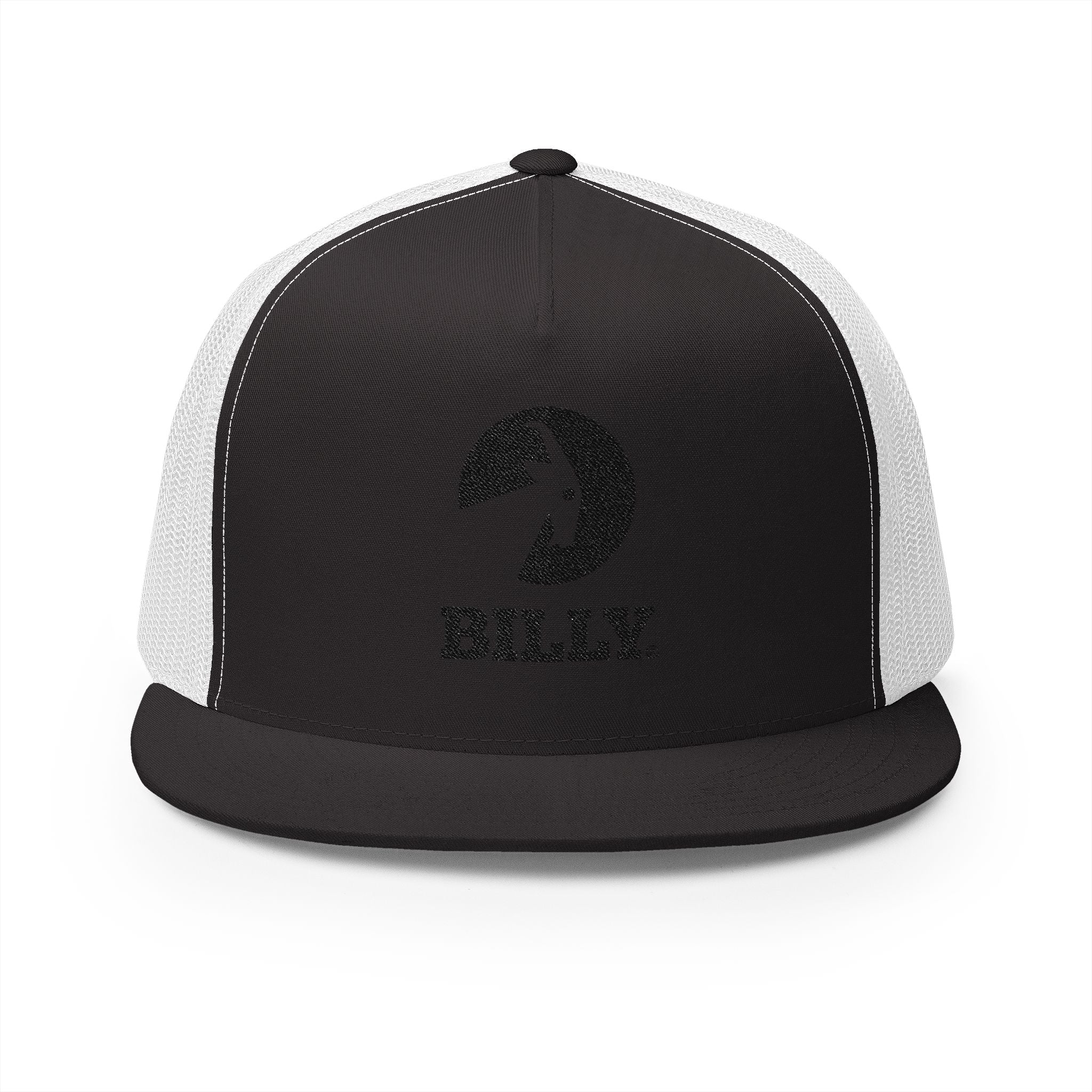 BILLY 5 Panel Flat Bill Trucker Cap (Black Vertical Logo - Embroidery) — AVAILABLE IN 10 COLORS