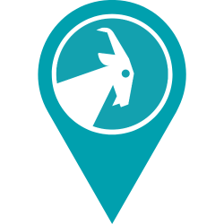 Aqua map pin icon with a white goat silhouette on a white background