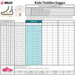BILLY Footwear Kids'/Toddler Retro Jogger sizing chart with foot diagram, measuring tips, US/CAN, EU, UK size comparison, and foot/shoe measurements. Retro Jogger  shown.