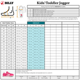 Sizing chart for BILLY Footwear’s Lilac BILLY Retro Jogger with US, EU, UK sizes, foot lengths, circumference, measuring diagrams, and an illustration of the Retro Jogger at the bottom.