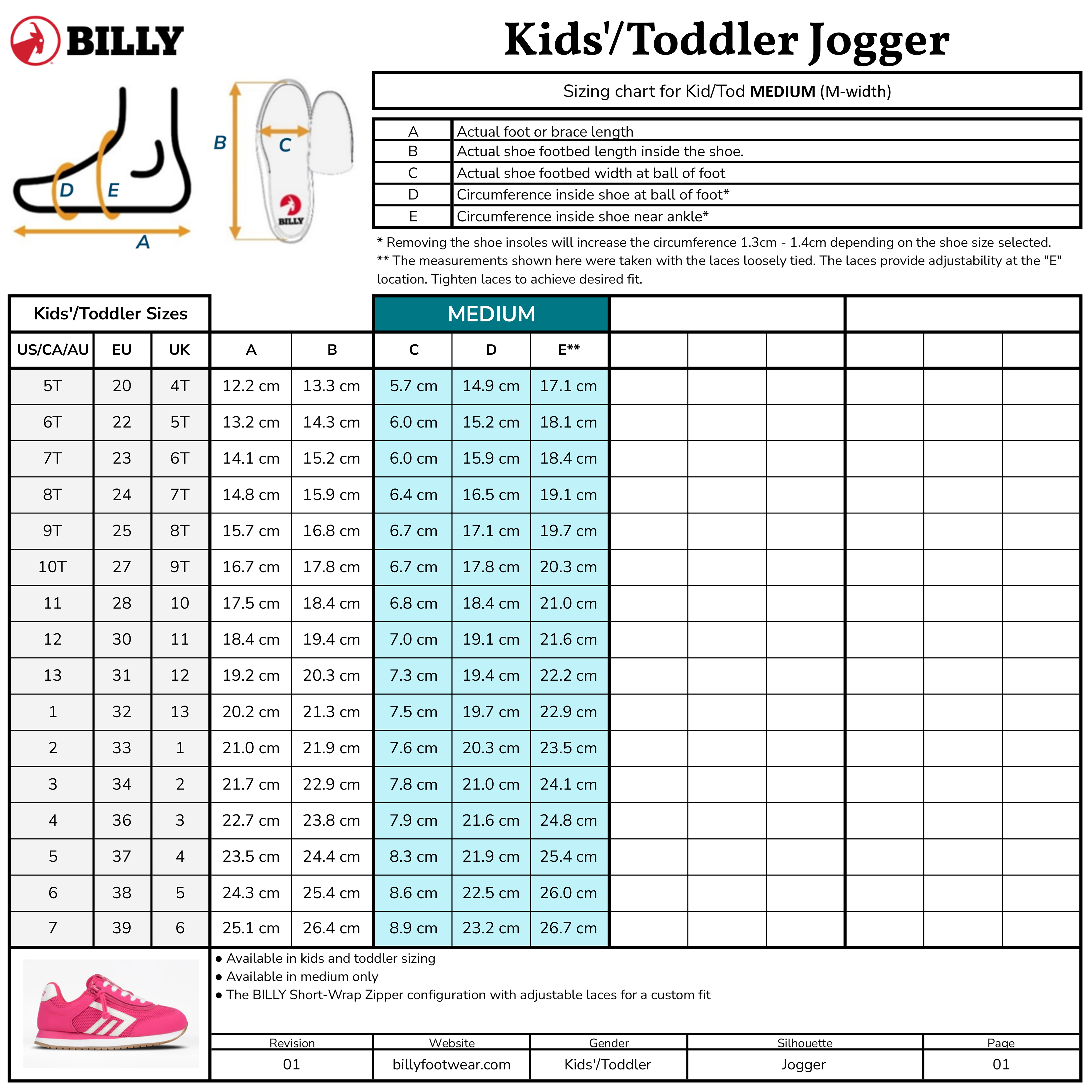 Sizing chart for BILLY Footwear’s Lilac BILLY Retro Jogger with US, EU, UK sizes, foot lengths, circumference, measuring diagrams, and an illustration of the Retro Jogger at the bottom.