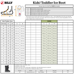 The Black BILLY Ice Boot sizing chart from BILLY Footwear lists US, UK, EU sizes, insole length, and circumference for standard and wide widths. It also features a shoe diagram and measuring tips to ensure the best fit for kids’ insulated boots.