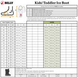 The Black BILLY Ice Boot sizing chart from BILLY Footwear lists US, UK, EU sizes, insole length, and circumference for standard and wide widths. It also features a shoe diagram and measuring tips to ensure the best fit for kids’ insulated boots.