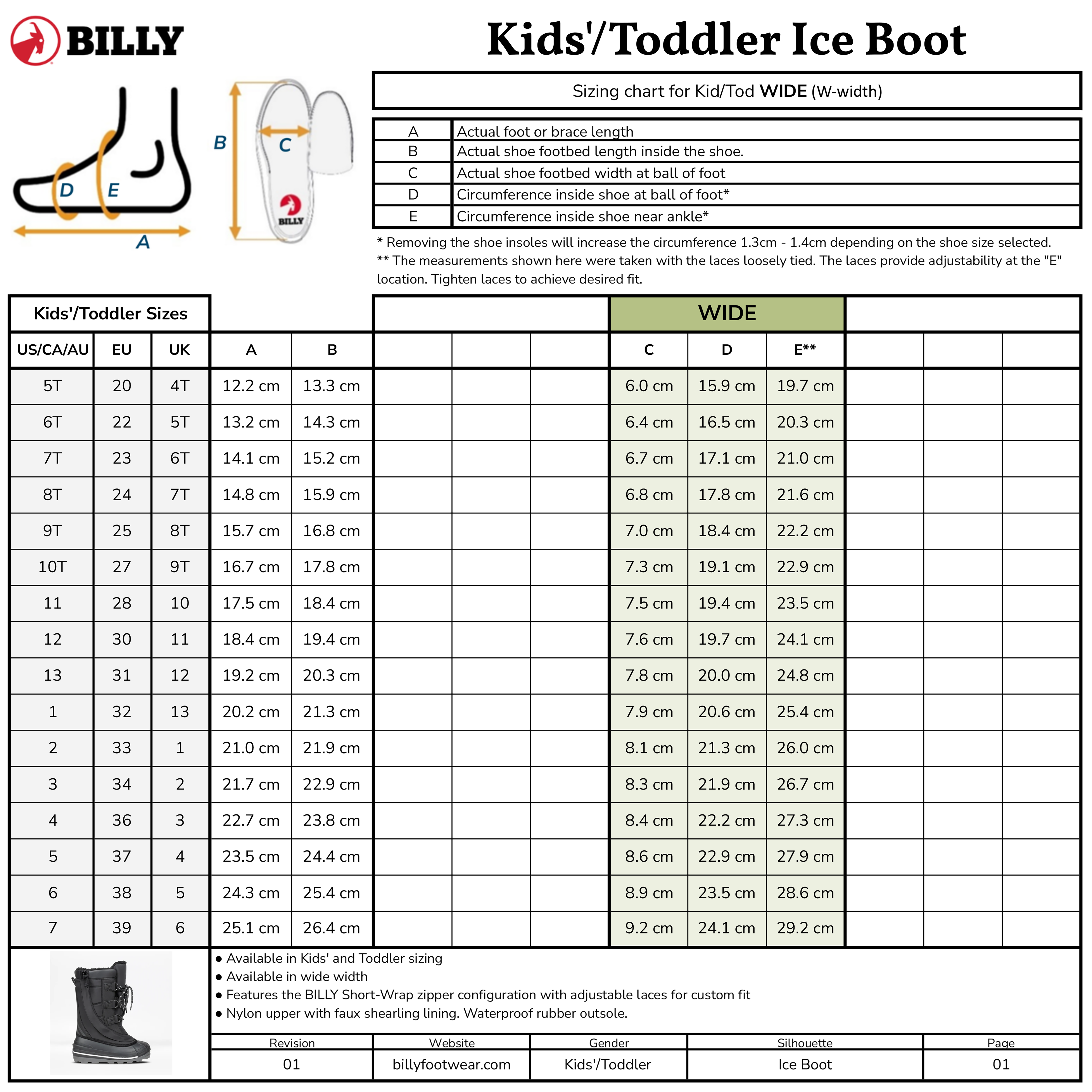 The Black BILLY Ice Boot sizing chart from BILLY Footwear lists US, UK, EU sizes, insole length, and circumference for standard and wide widths. It also features a shoe diagram and measuring tips to ensure the best fit for kids’ insulated boots.