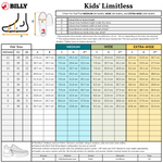 The Lilac Watercolor BILLY Limitless size chart from BILLY Footwear lists US, UK, and EU sizes, foot length, and ball width for Medium, Wide, and Extra-Wide fits. An illustration explains measurement of shoe width and length.
