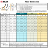 The Lilac Watercolor BILLY Limitless size chart from BILLY Footwear lists US, UK, and EU sizes, foot length, and ball width for Medium, Wide, and Extra-Wide fits. An illustration explains measurement of shoe width and length.