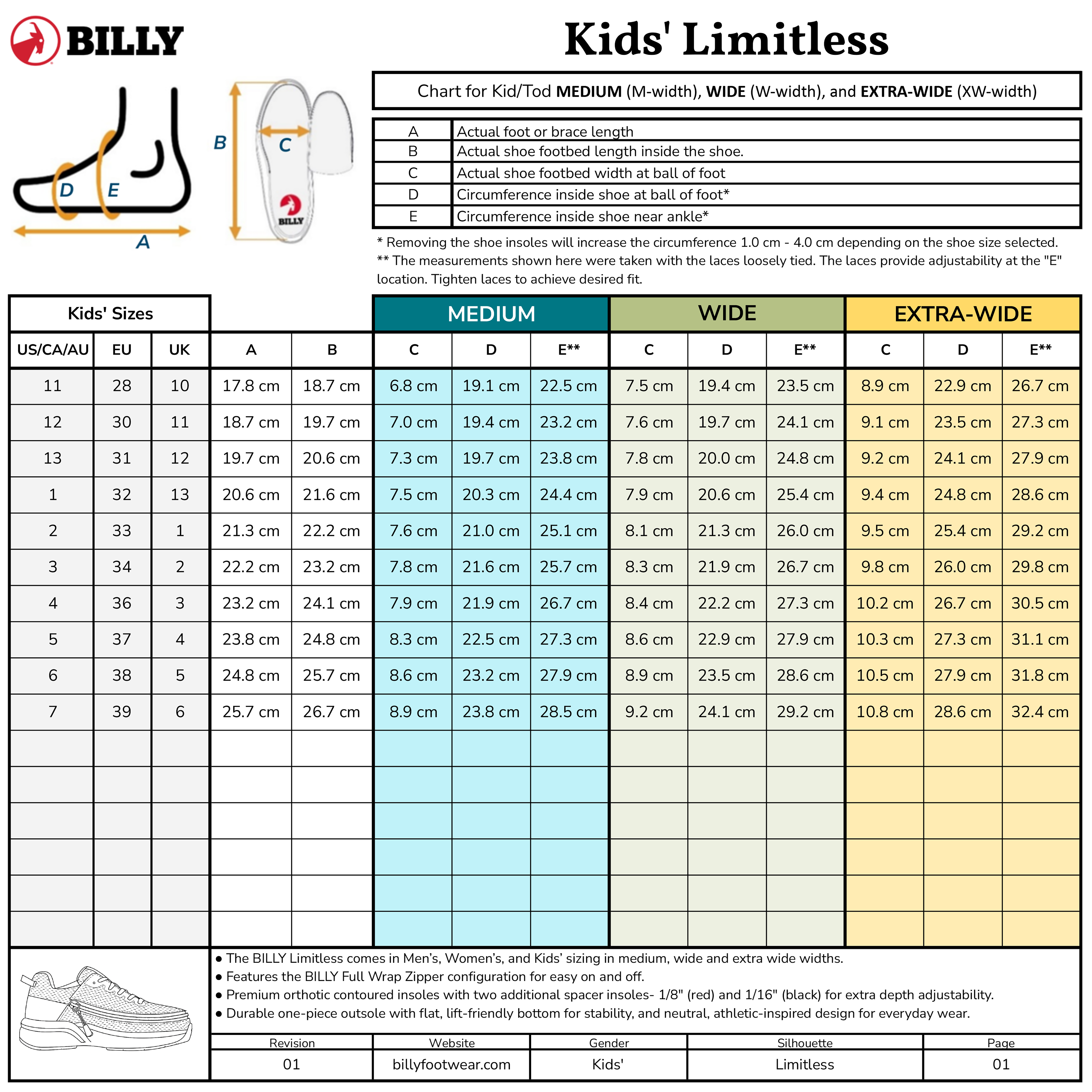 The Lilac Watercolor BILLY Limitless size chart from BILLY Footwear lists US, UK, and EU sizes, foot length, and ball width for Medium, Wide, and Extra-Wide fits. An illustration explains measurement of shoe width and length.