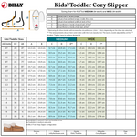 Sizing chart for the Chestnut BILLY Cozy Slipper by BILLY Footwear, showing US, UK, and EU sizes for medium and wide widths. Includes a shoe diagram and a photo of a brown slipper with fur lining.