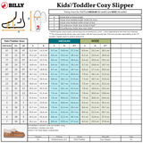 Sizing chart for the Chestnut BILLY Cozy Slipper by BILLY Footwear, showing US, UK, and EU sizes for medium and wide widths. Includes a shoe diagram and a photo of a brown slipper with fur lining.