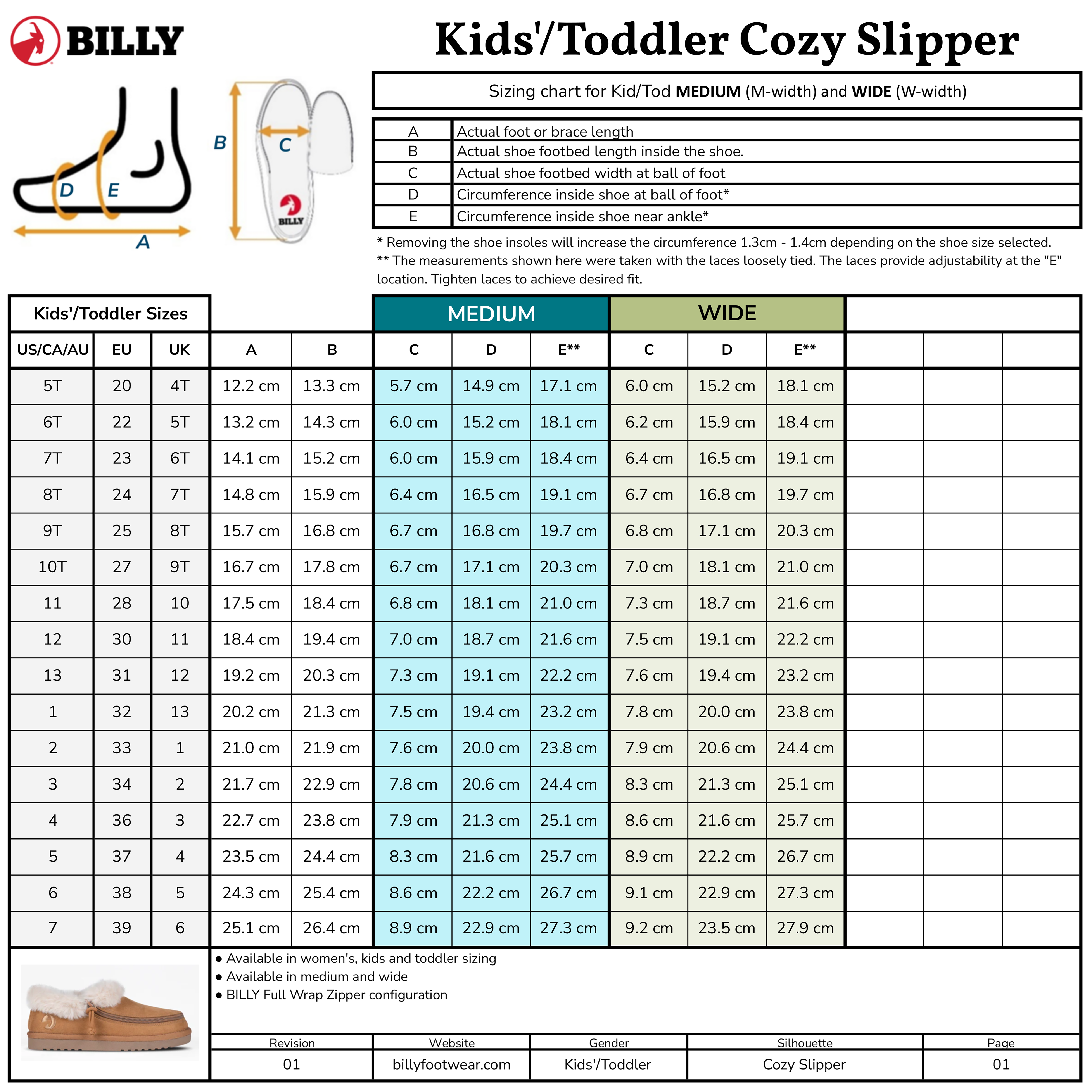 Sizing chart for the Chestnut BILLY Cozy Slipper by BILLY Footwear, showing US, UK, and EU sizes for medium and wide widths. Includes a shoe diagram and a photo of a brown slipper with fur lining.