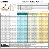 Shoe size chart for the SALE - Black to the Floor Leather BILLY Classic D|R II Low by BILLY Footwear. Includes US, CA, UK, and EU sizes plus foot length/width for medium, wide, and extra-wide fits. AFO-friendly with wide toe box and removable insoles.