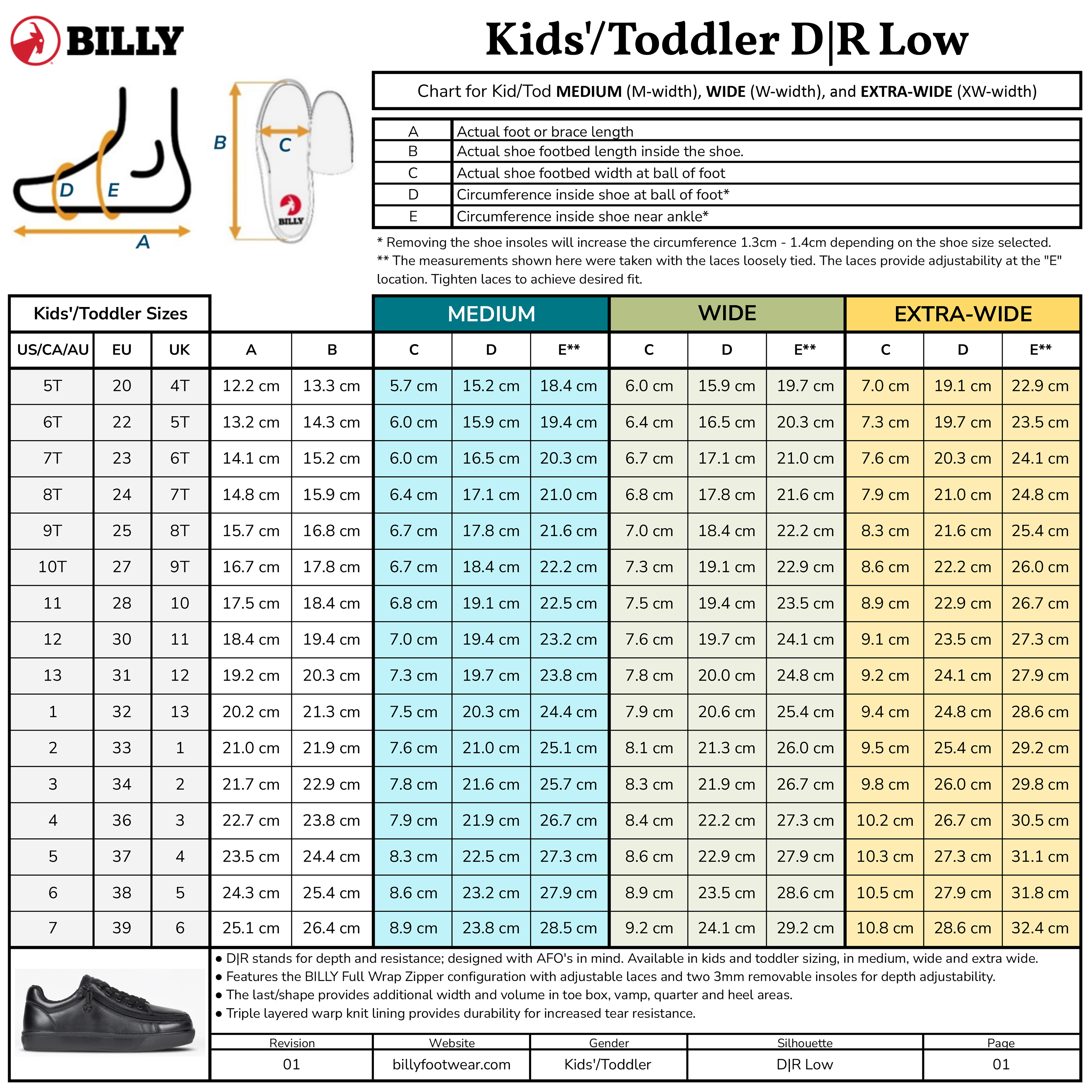 Shoe size chart for the SALE - Black to the Floor Leather BILLY Classic D|R II Low by BILLY Footwear. Includes US, CA, UK, and EU sizes plus foot length/width for medium, wide, and extra-wide fits. AFO-friendly with wide toe box and removable insoles.