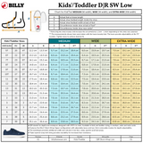 The BILLY Footwear SALE - Dark Grey BILLY D|R II Short Wrap Low kids' sizing chart shows US/CA, UK, and EU sizes, width options (medium, wide, extra-wide), and a guide to measure foot length and width for adaptive AFO-friendly shoes.