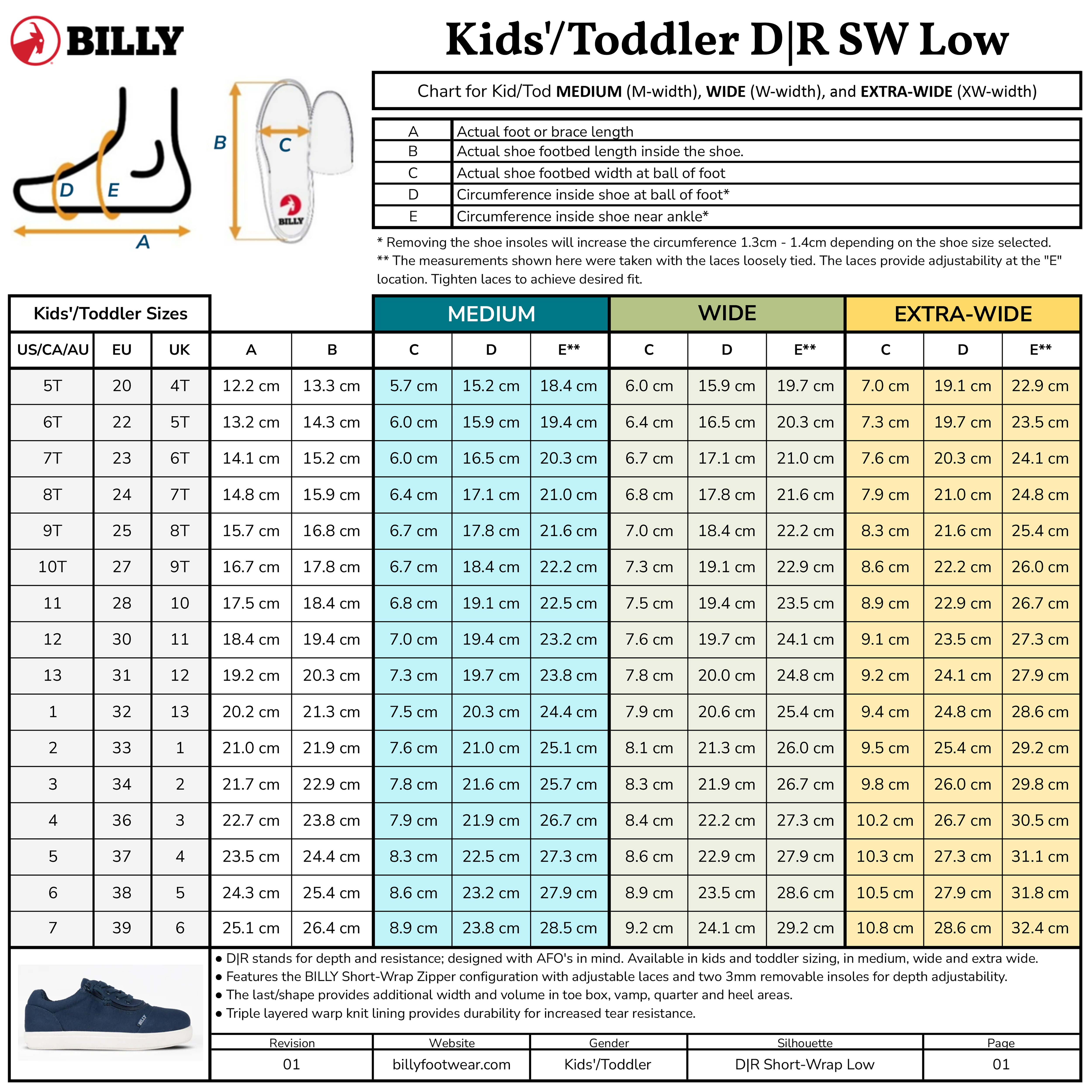 The BILLY Footwear SALE - Dark Grey BILLY D|R II Short Wrap Low kids' sizing chart shows US/CA, UK, and EU sizes, width options (medium, wide, extra-wide), and a guide to measure foot length and width for adaptive AFO-friendly shoes.