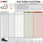 Sizing chart for Rugged Black BILLY Goat DZ High kids/toddler shoes by BILLY Footwear shows US, UK, EU sizes, foot lengths in cm, sole widths (wide/extra-wide), AFO-friendly double zipper for easy on/off, and a diagram on measuring foot length.