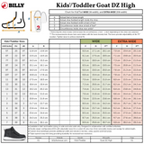 Sizing chart for Rugged Black BILLY Goat DZ High kids/toddler shoes by BILLY Footwear shows US, UK, EU sizes, foot lengths in cm, sole widths (wide/extra-wide), AFO-friendly double zipper for easy on/off, and a diagram on measuring foot length.